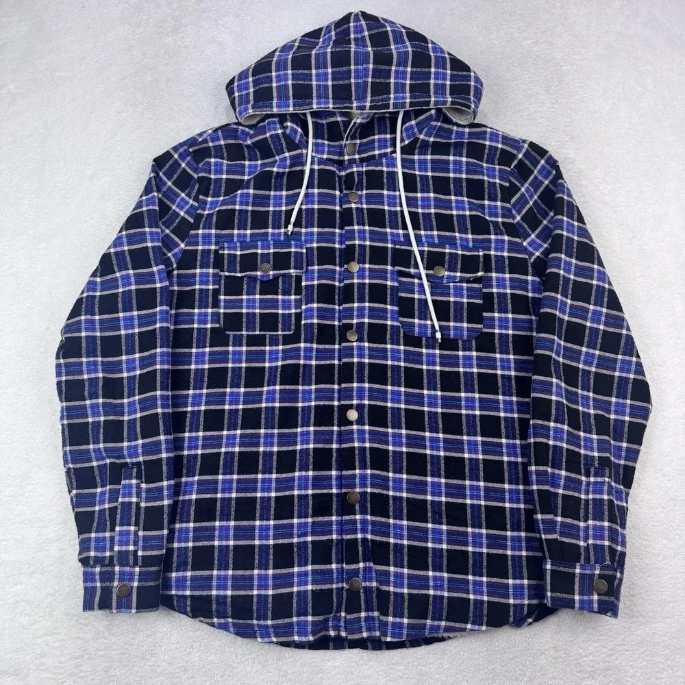 BoohooMAN Shacket Mens M Plaid Sherpa Lined Hooded Flannel Jacket Blue Black